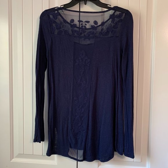 Lauren Conrad Long Sleeve Mesh Knit Navy Blouse - Picture 3 of 8